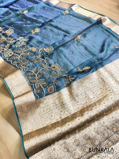 Teal Blue Pure Tissue Hand Embroidered Work Banarasi Saree
