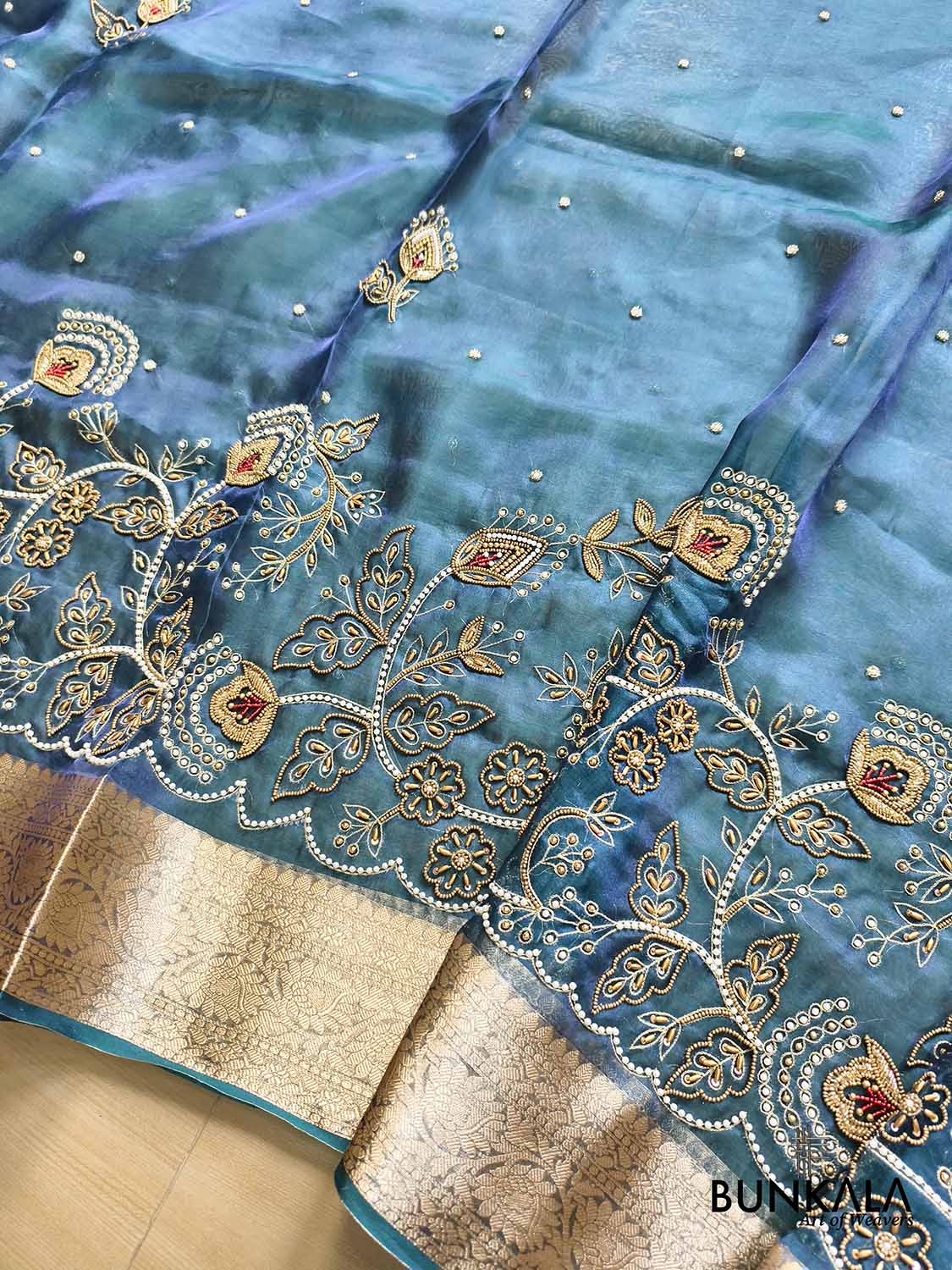 Teal Blue Pure Tissue Hand Embroidered Work Banarasi Saree