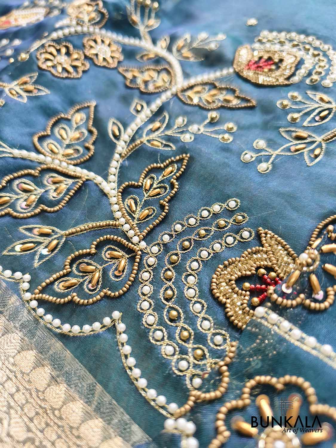Teal Blue Pure Tissue Hand Embroidered Work Banarasi Saree