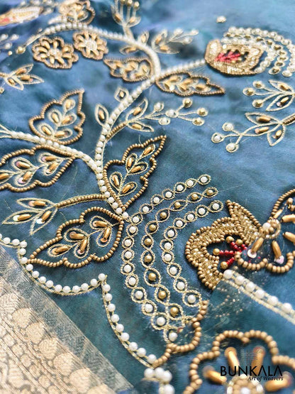 Teal Blue Pure Tissue Hand Embroidered Work Banarasi Saree