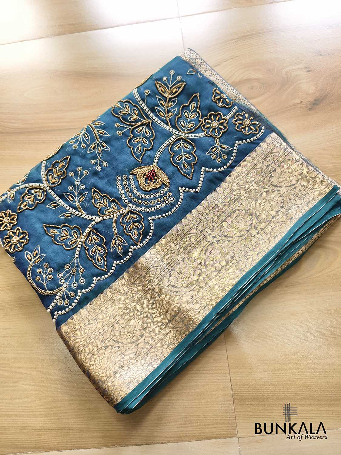 Teal Blue Pure Tissue Hand Embroidered Work Banarasi Saree