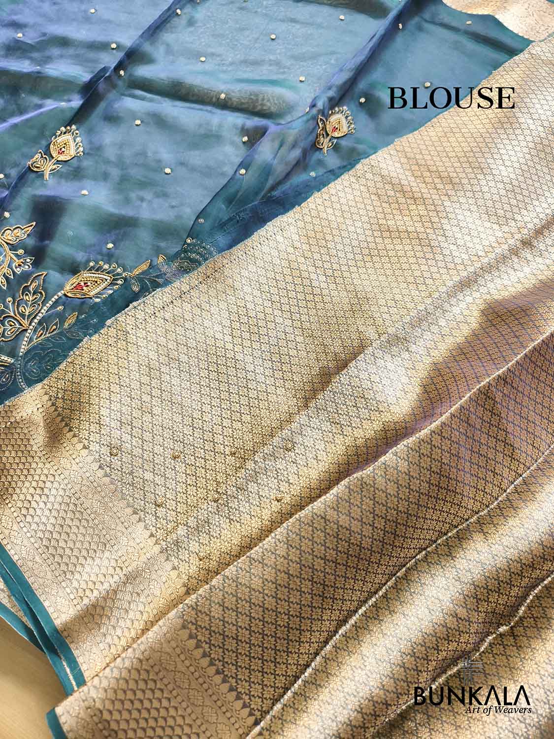 Teal Blue Pure Tissue Hand Embroidered Work Banarasi Saree