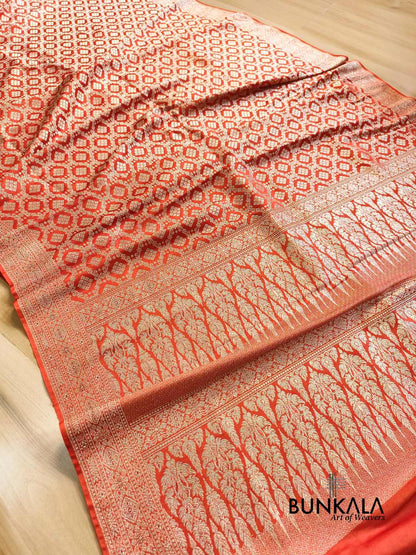 Traditional Orange Brocade Weaved Banarasi Mashru Silk Saree