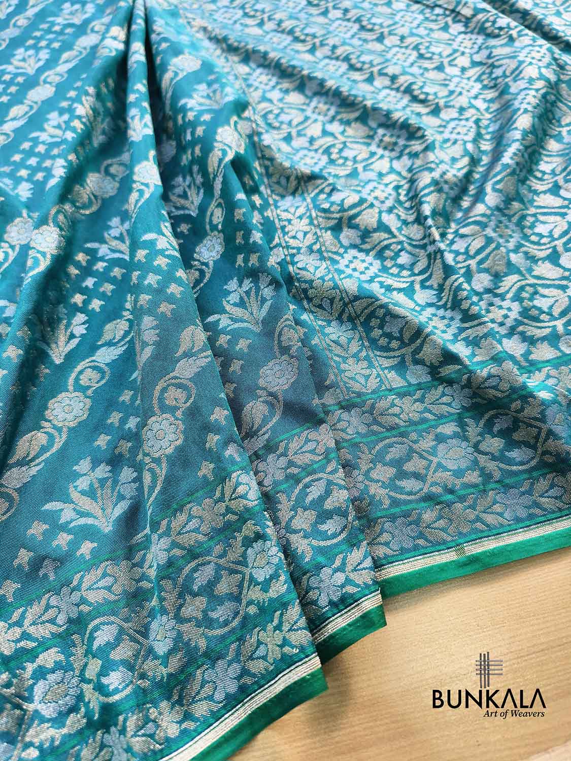 Turquoise Blue Ektara Banarasi Jamdani Weaved Silk Saree