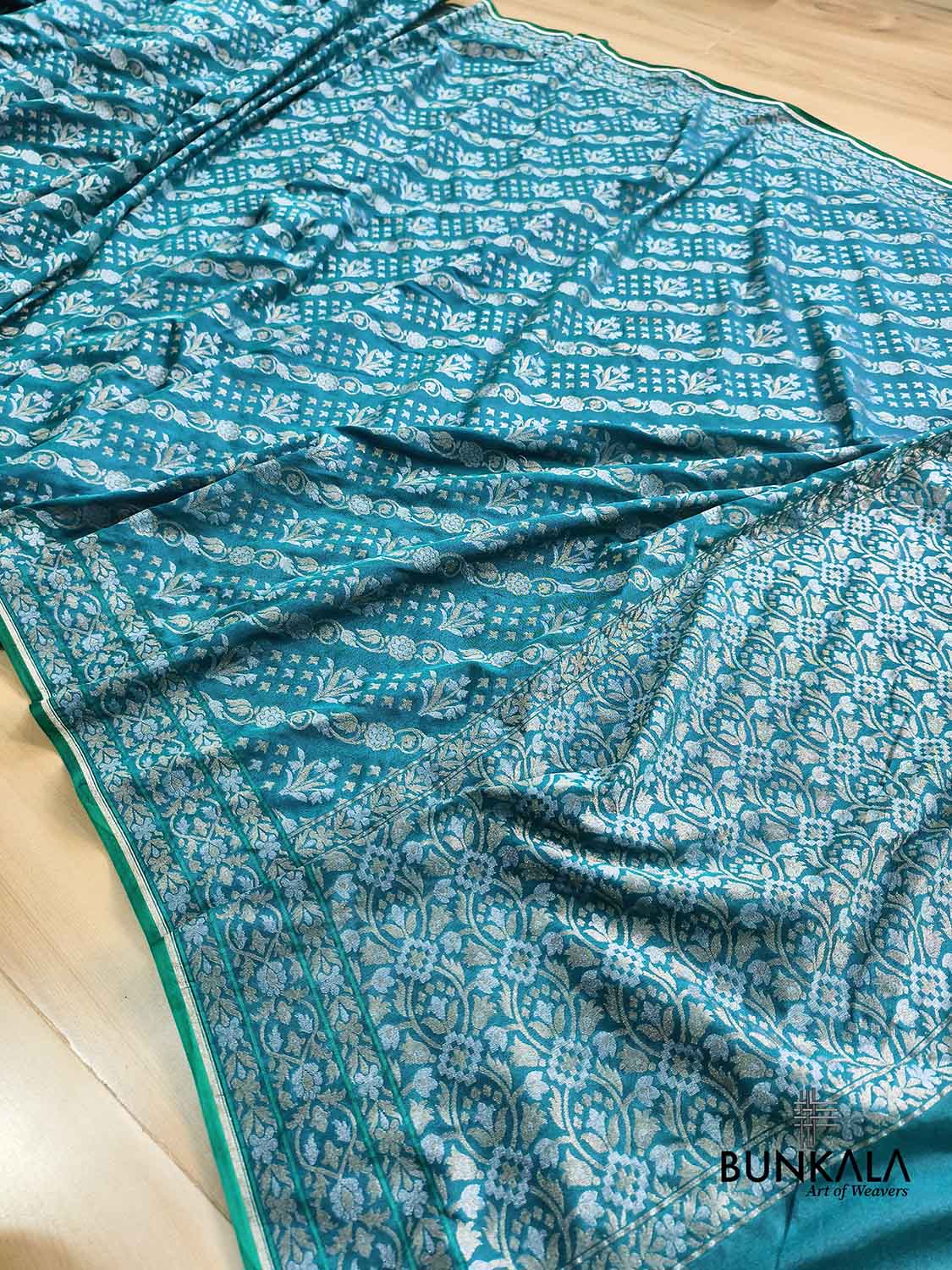 Turquoise Blue Ektara Banarasi Jamdani Weaved Silk Saree
