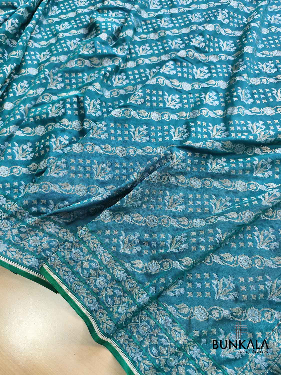 Turquoise Blue Ektara Banarasi Jamdani Weaved Silk Saree