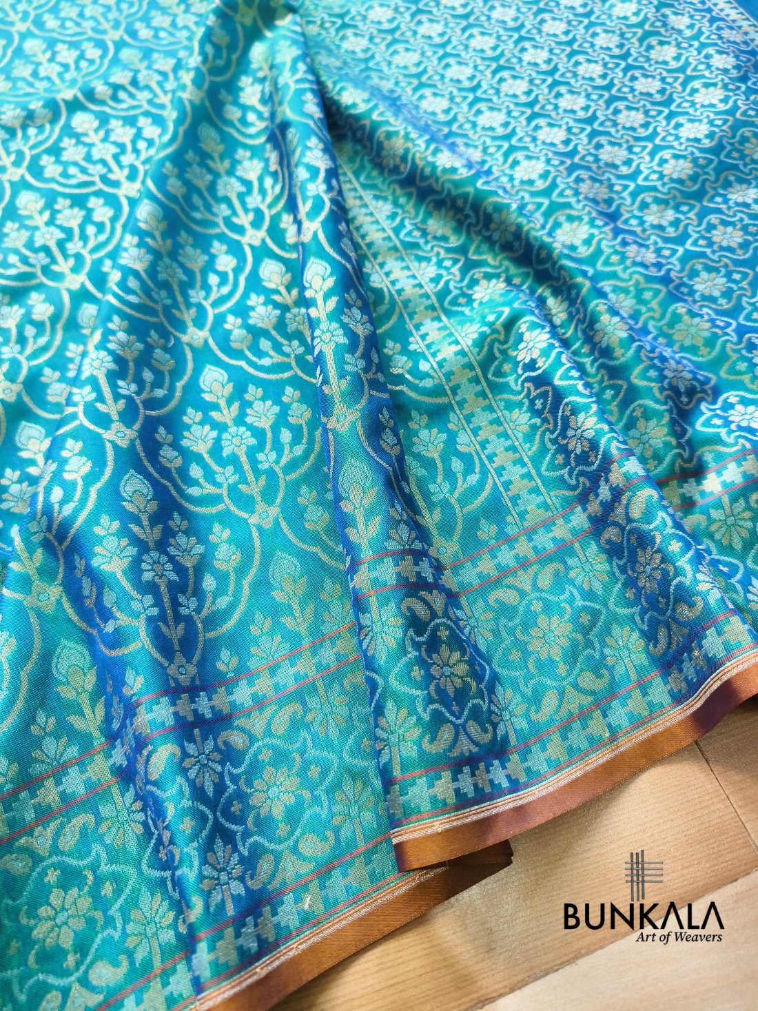 Turquoise Blue Ektara Banarasi Jamdani Weaved Silk Saree