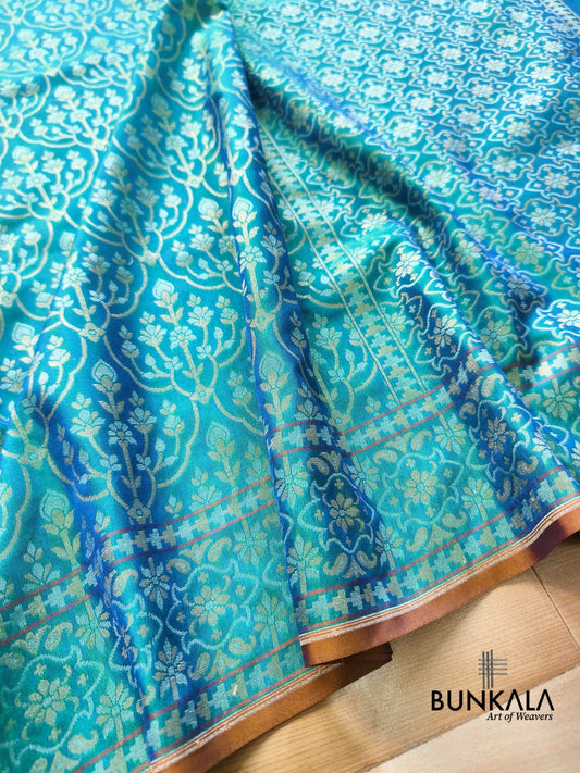 Turquoise Blue Ektara Banarasi Jamdani Weaved Silk Saree