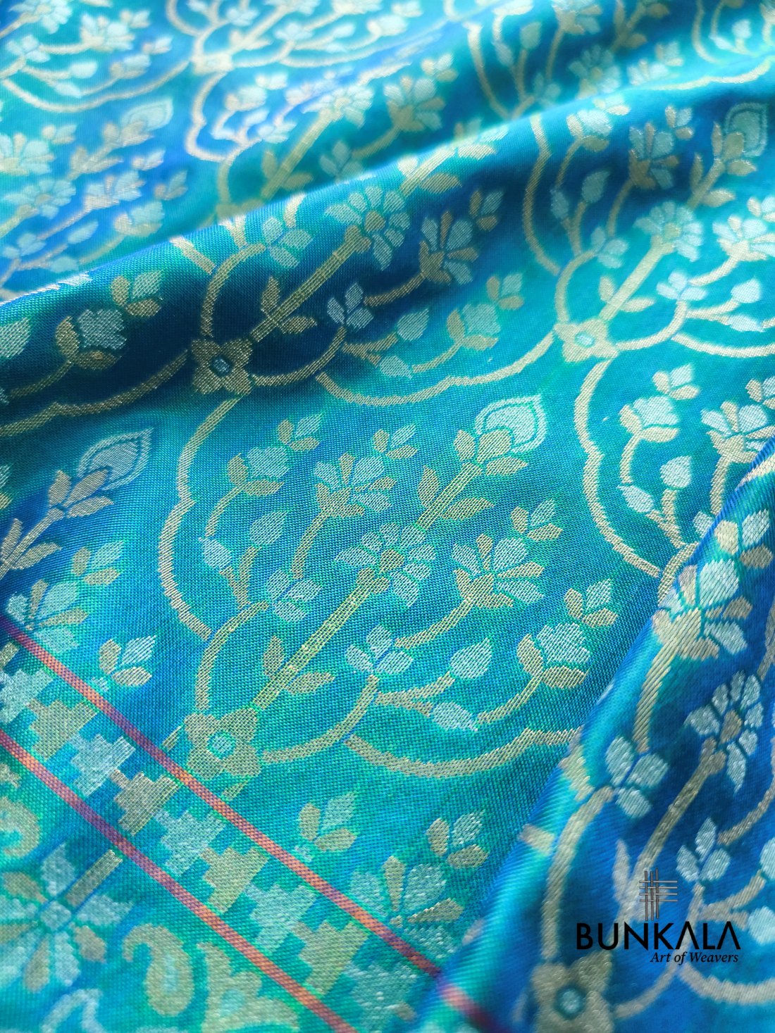 Turquoise Blue Ektara Banarasi Jamdani Weaved Silk Saree