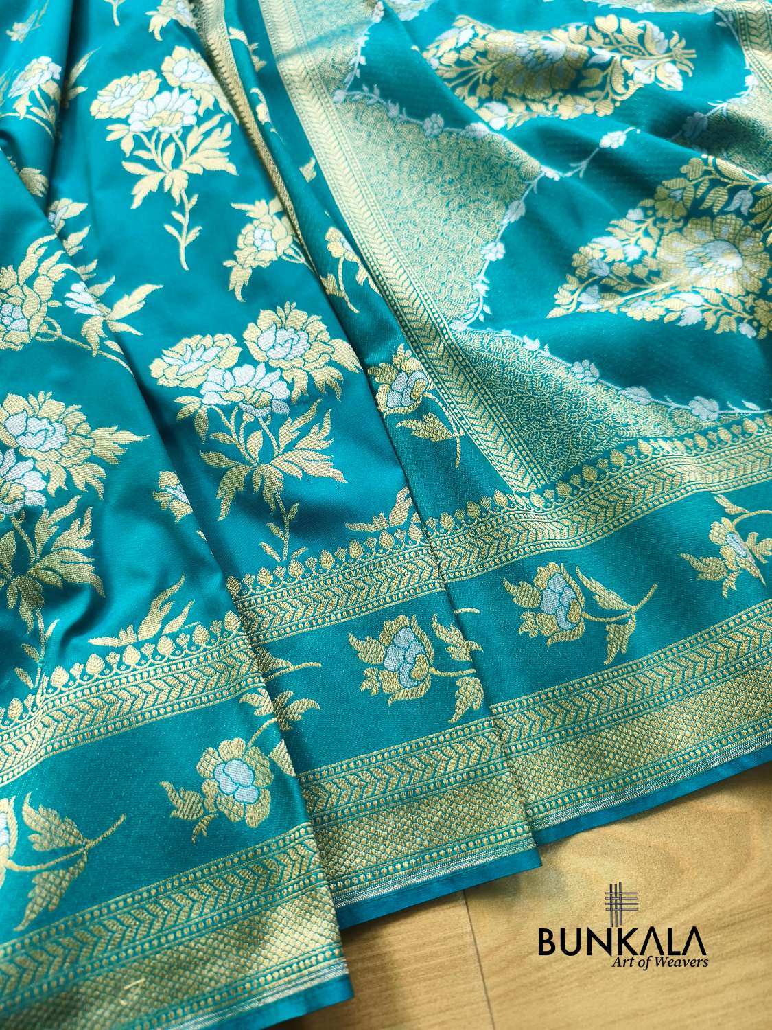 Turquoise Blue Sona Rupa Floral Buta Banarasi Silk Saree 