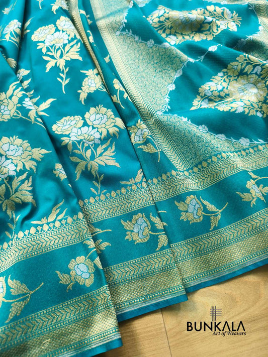Turquoise Blue Sona Rupa Floral Buta Banarasi Silk Saree 