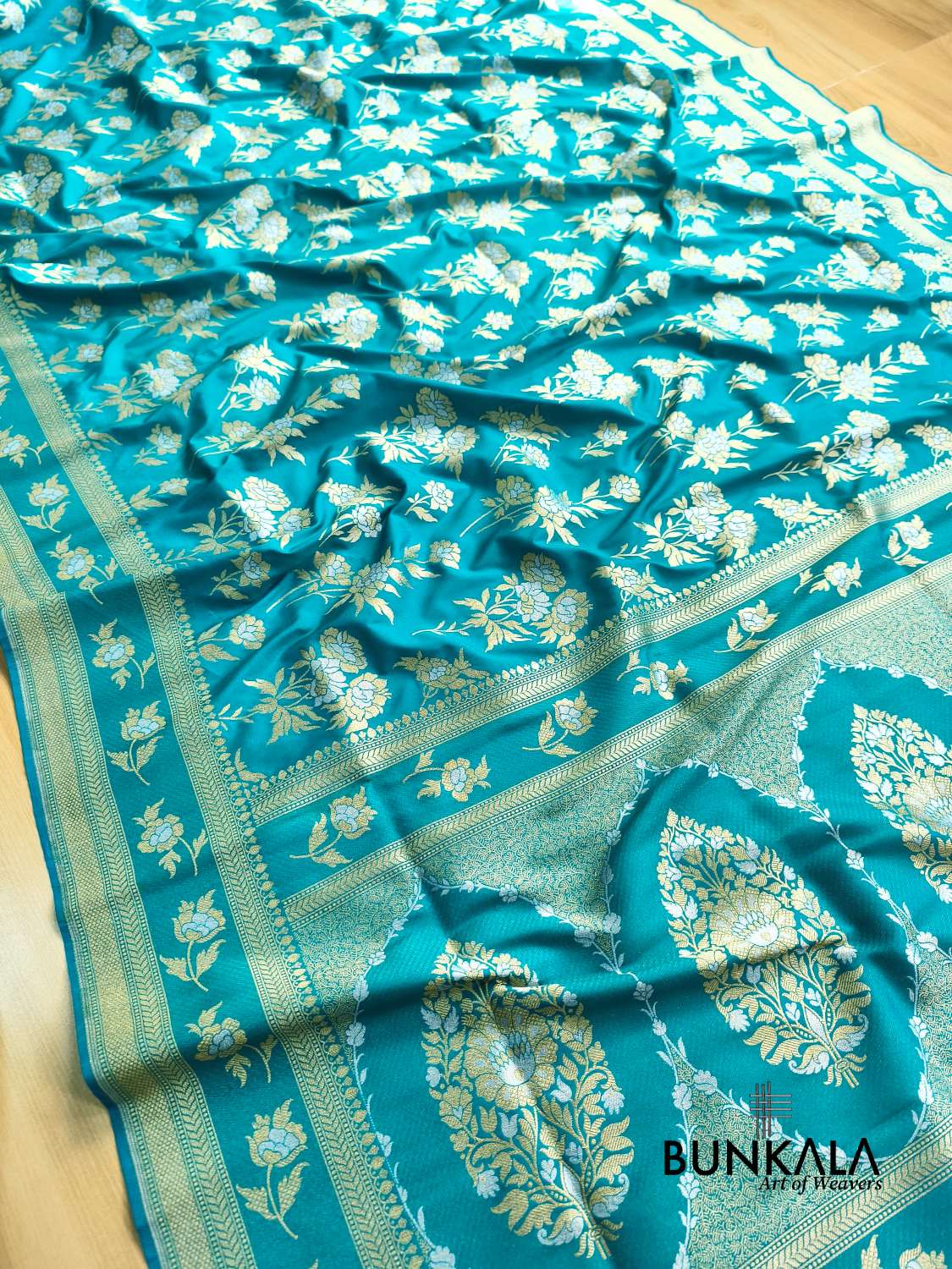 Turquoise Blue Sona Rupa Floral Buta Banarasi Silk Saree 