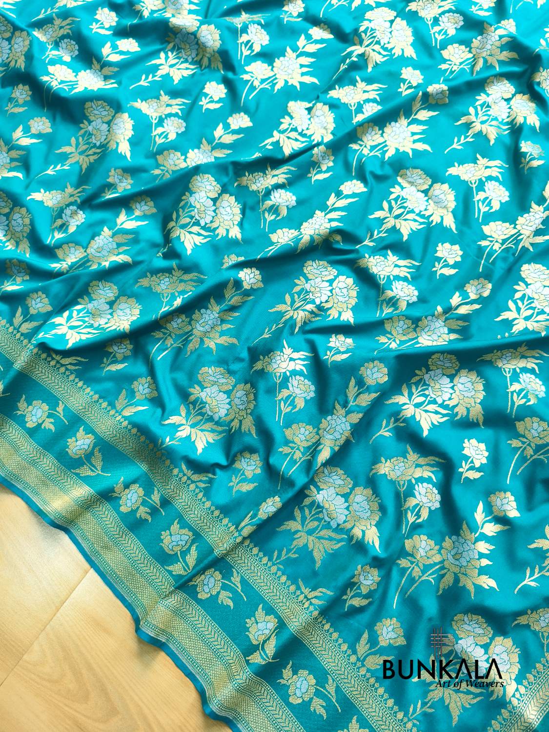 Turquoise Blue Sona Rupa Floral Buta Banarasi Silk Saree 