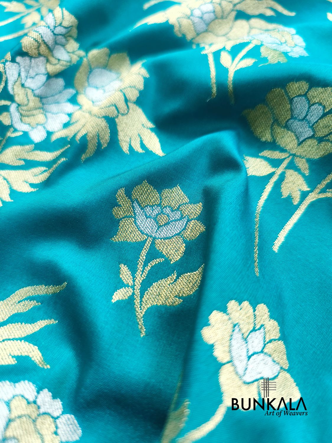 Turquoise Blue Sona Rupa Floral Buta Banarasi Silk Saree 