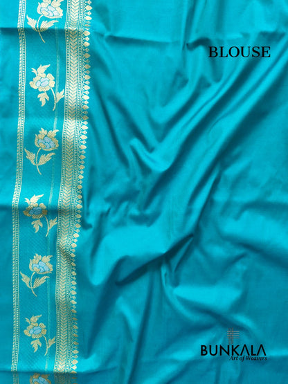 Turquoise Blue Sona Rupa Floral Buta Banarasi Silk Saree 