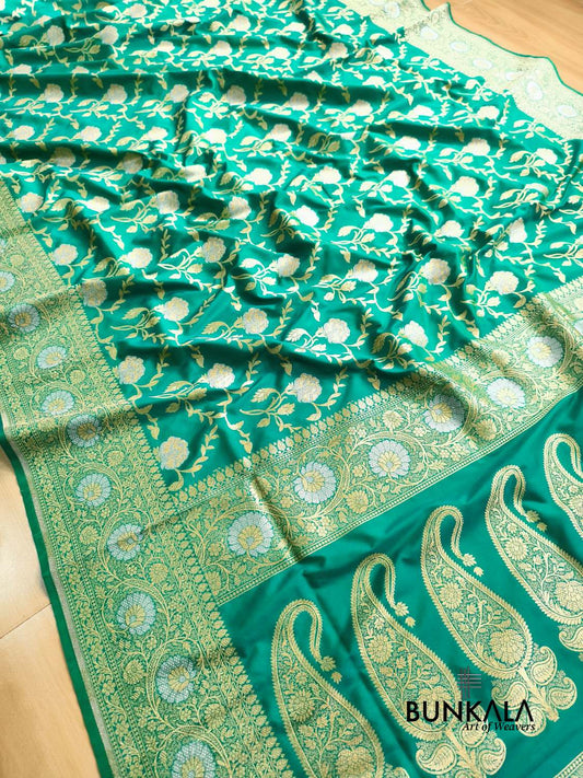 Turquoise Blue Sona Rupa Floral Jaal Banarasi Silk Saree 