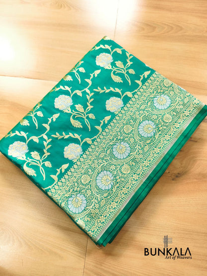 Turquoise Blue Sona Rupa Floral Jaal Banarasi Silk Saree 
