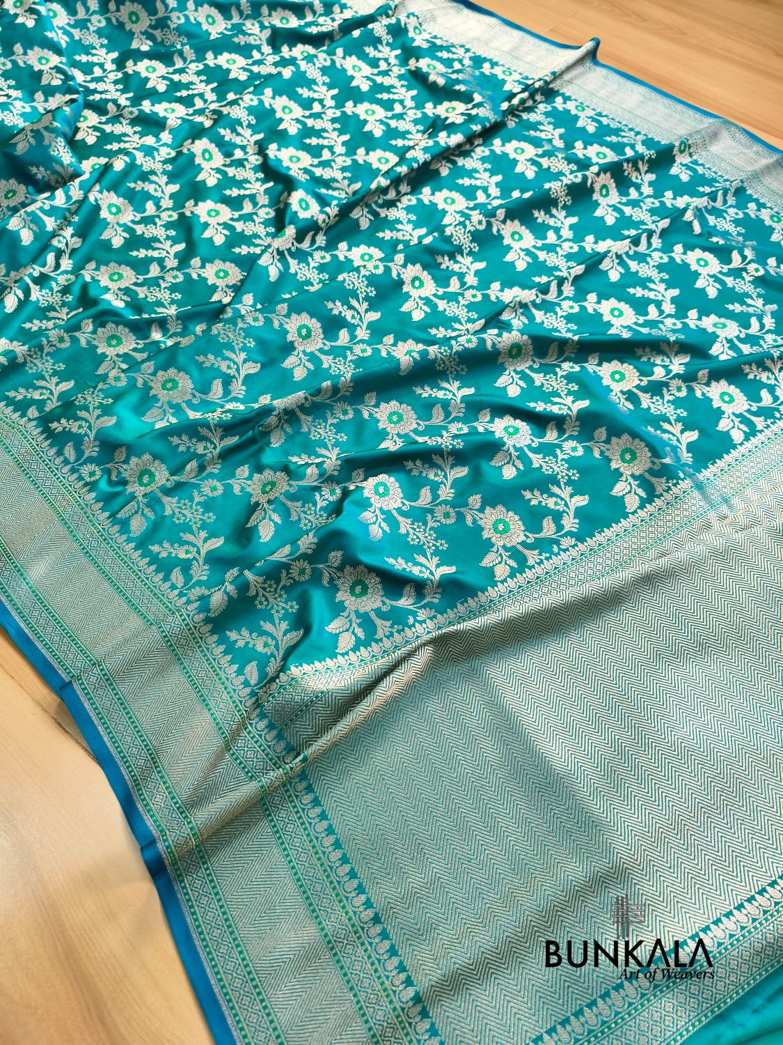 Turquoise Blue Weaved Meena Floral Jaal Banarasi Mashru Silk Saree 