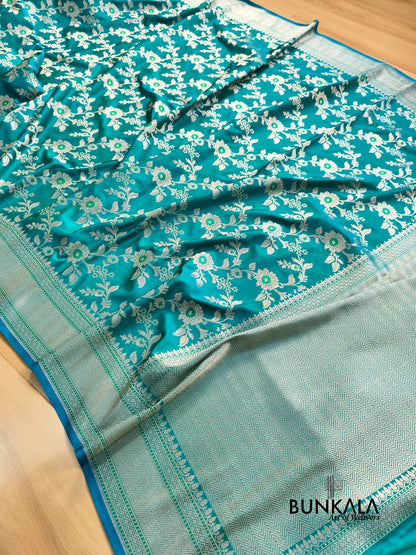 Turquoise Blue Weaved Meena Floral Jaal Banarasi Mashru Silk Saree 