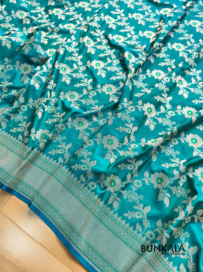 Turquoise Blue Weaved Meena Floral Jaal Banarasi Mashru Silk Saree 