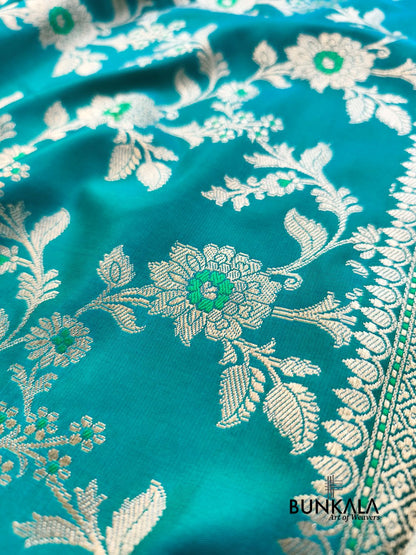 Turquoise Blue Weaved Meena Floral Jaal Banarasi Mashru Silk Saree 
