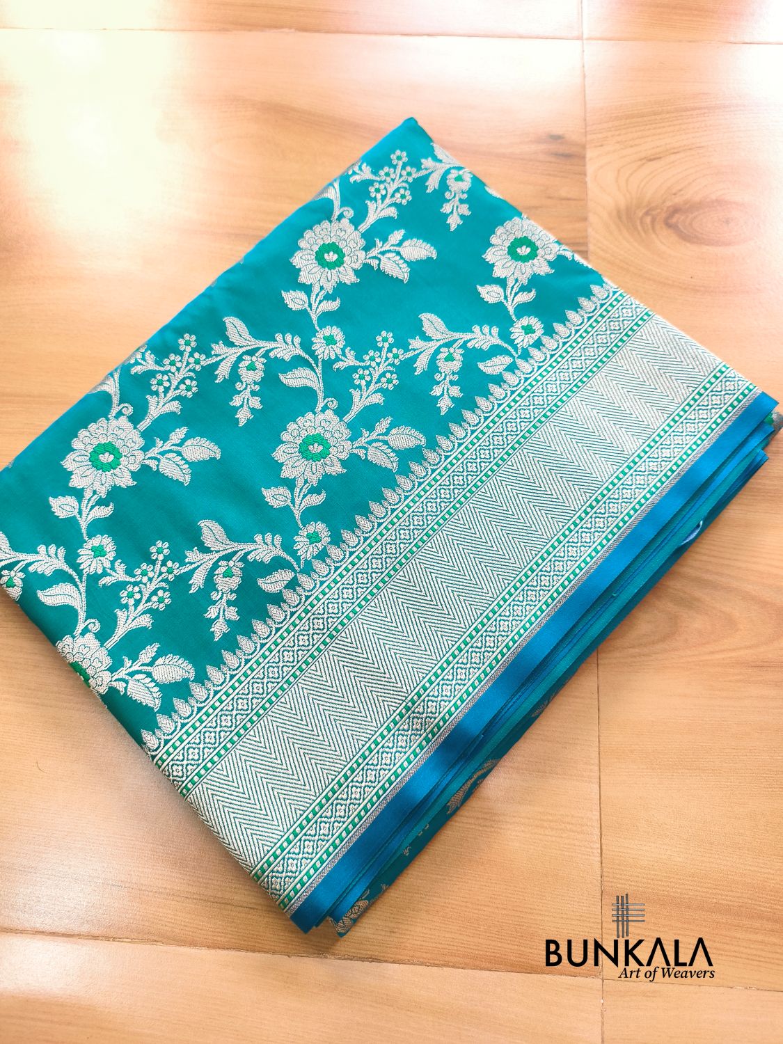 Turquoise Blue Weaved Meena Floral Jaal Banarasi Mashru Silk Saree 