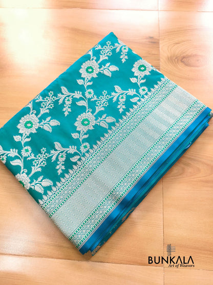 Turquoise Blue Weaved Meena Floral Jaal Banarasi Mashru Silk Saree 