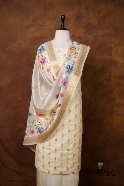 White Buti Banarasi Pure Cotton Silk Unstitched Suit Set 
