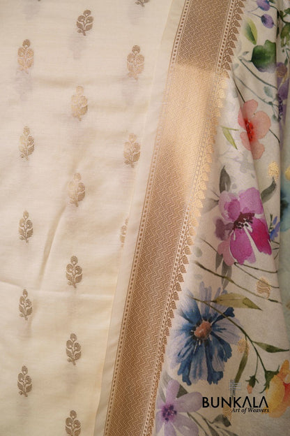 White Buti Banarasi Pure Cotton Silk Unstitched Suit Set 