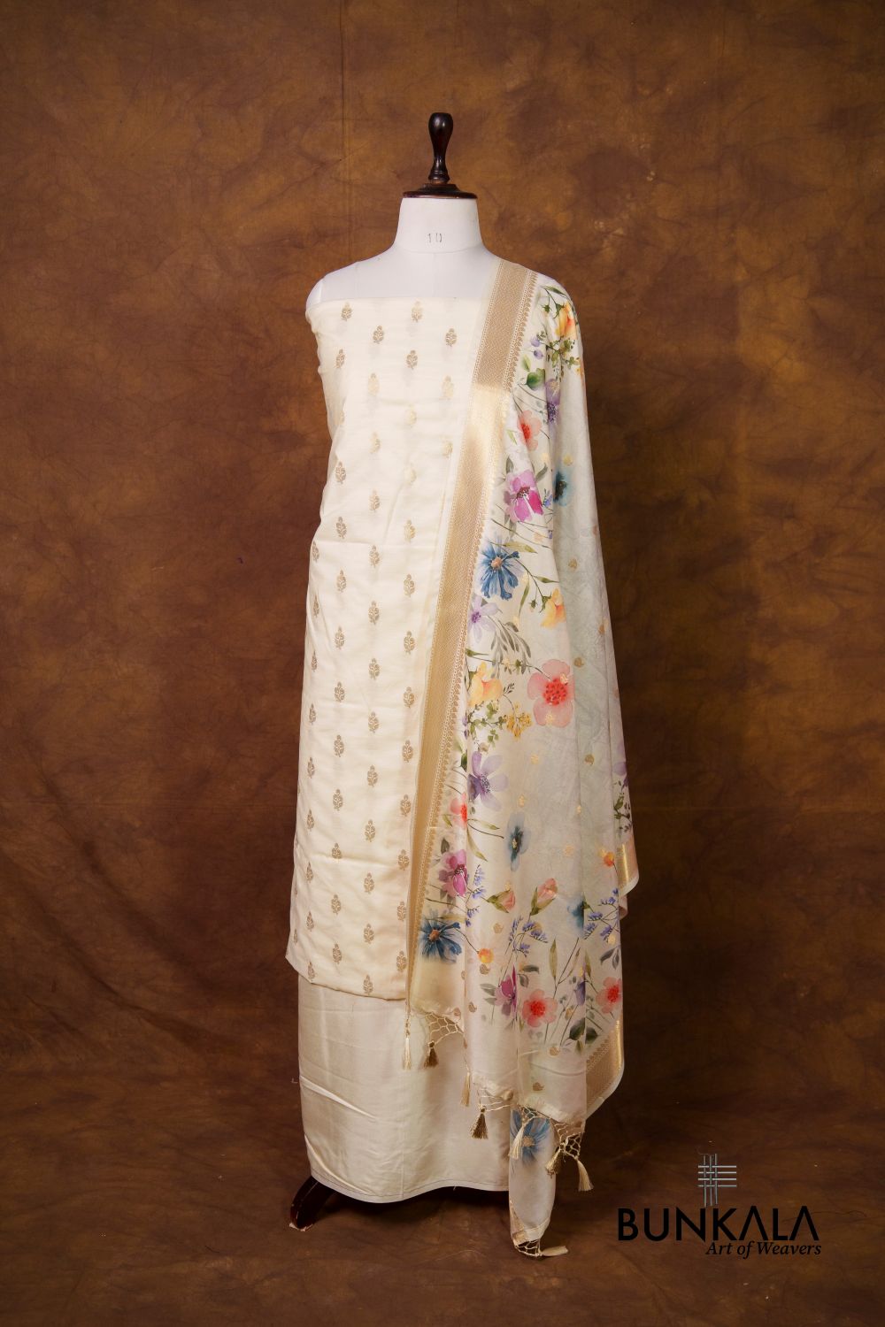 White Buti Banarasi Pure Cotton Silk Unstitched Suit Set 