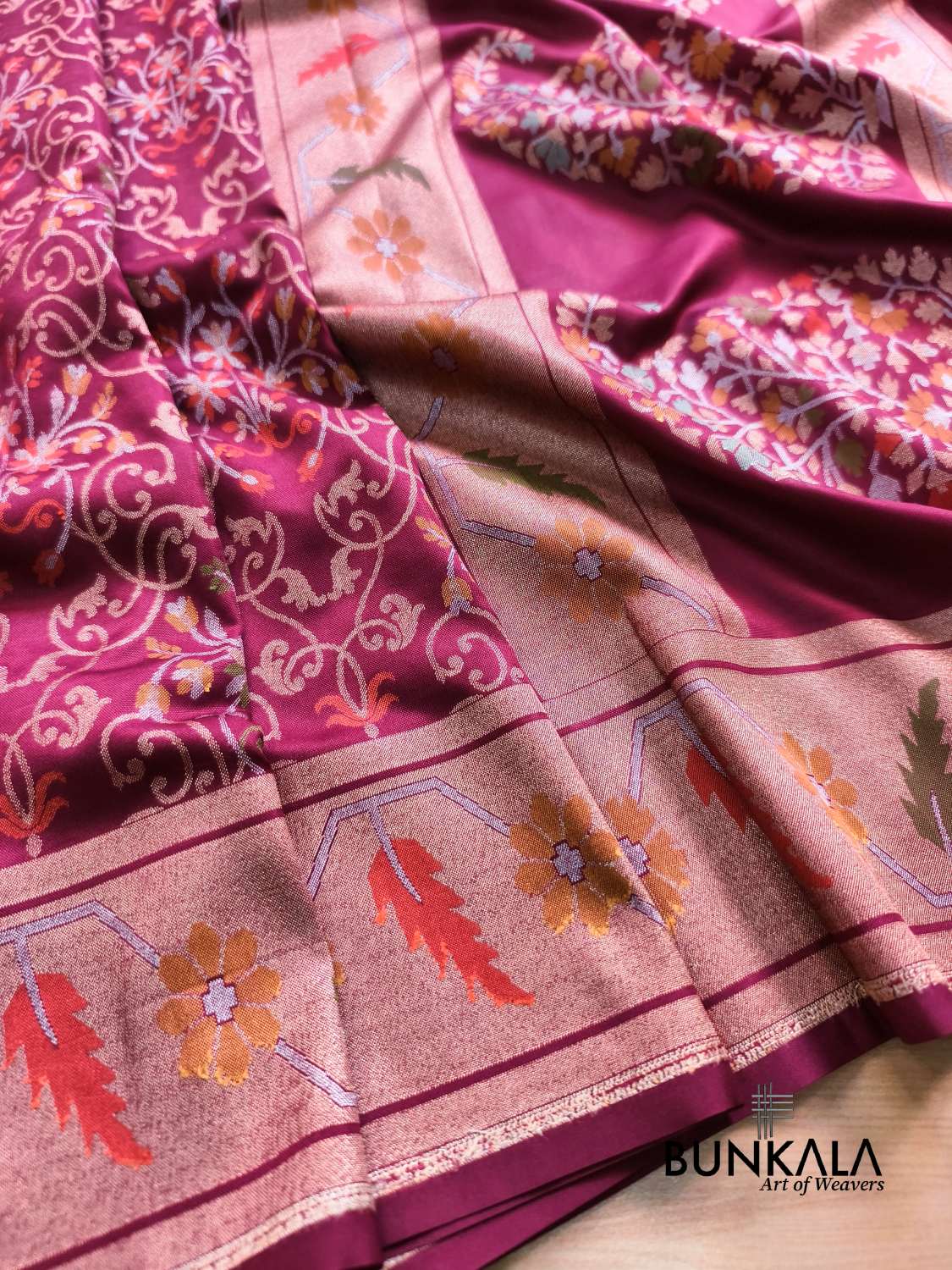 Wine Ektara Banarasi Jamdani Meenakari Weaved Silk Saree 
