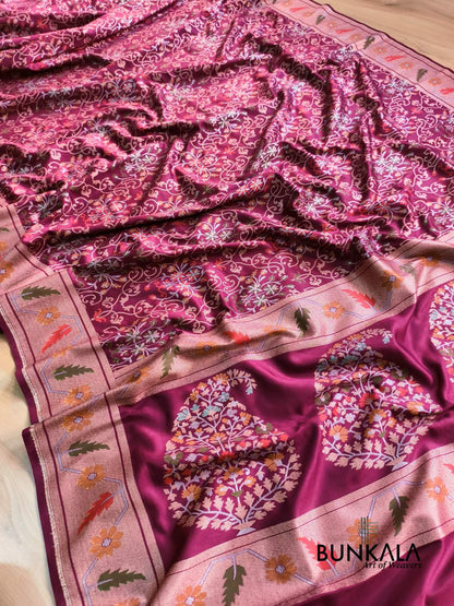 Wine Ektara Banarasi Jamdani Meenakari Weaved Silk Saree 