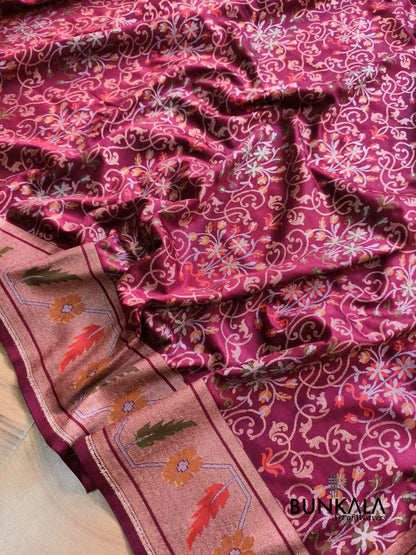 Wine Ektara Banarasi Jamdani Meenakari Weaved Silk Saree 