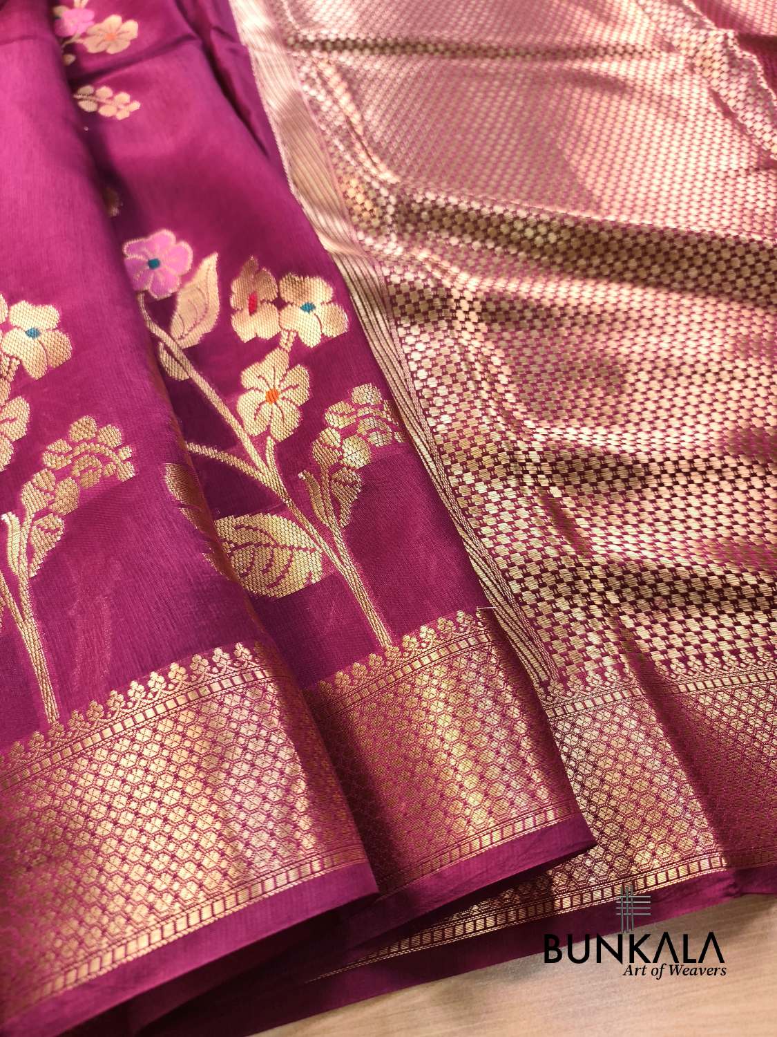 Wine Meena Floral Pure Banarasi Mango Silk Saree 