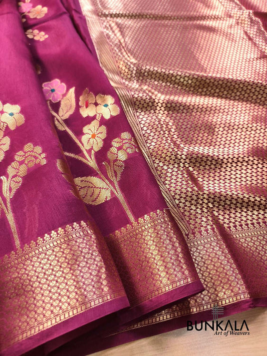 Wine Meena Floral Pure Banarasi Mango Silk Saree 