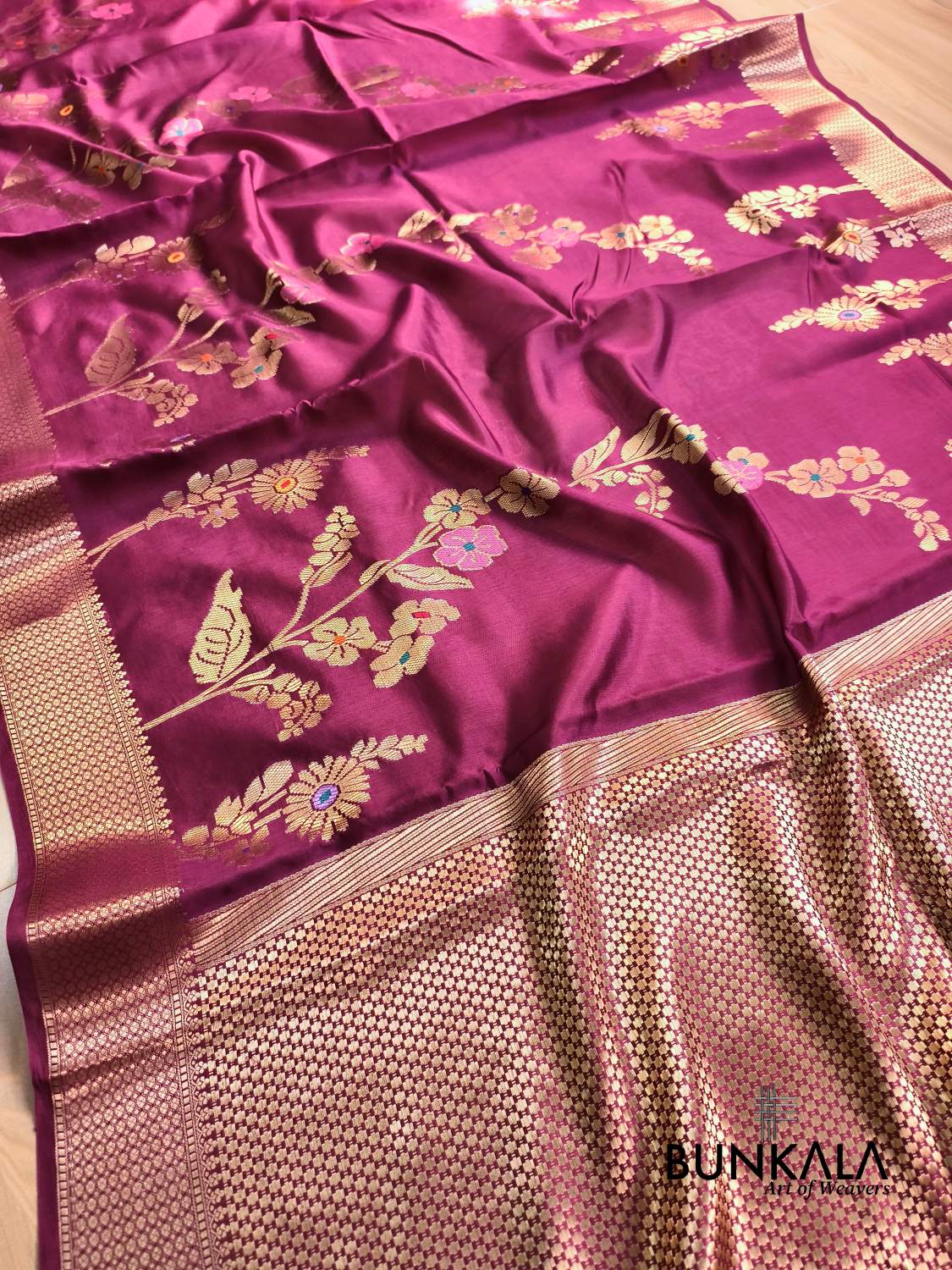 Wine Meena Floral Pure Banarasi Mango Silk Saree 