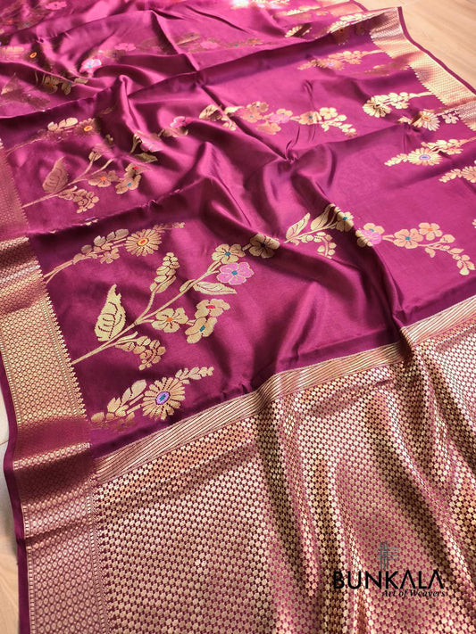 Wine Meena Floral Pure Banarasi Mango Silk Saree 