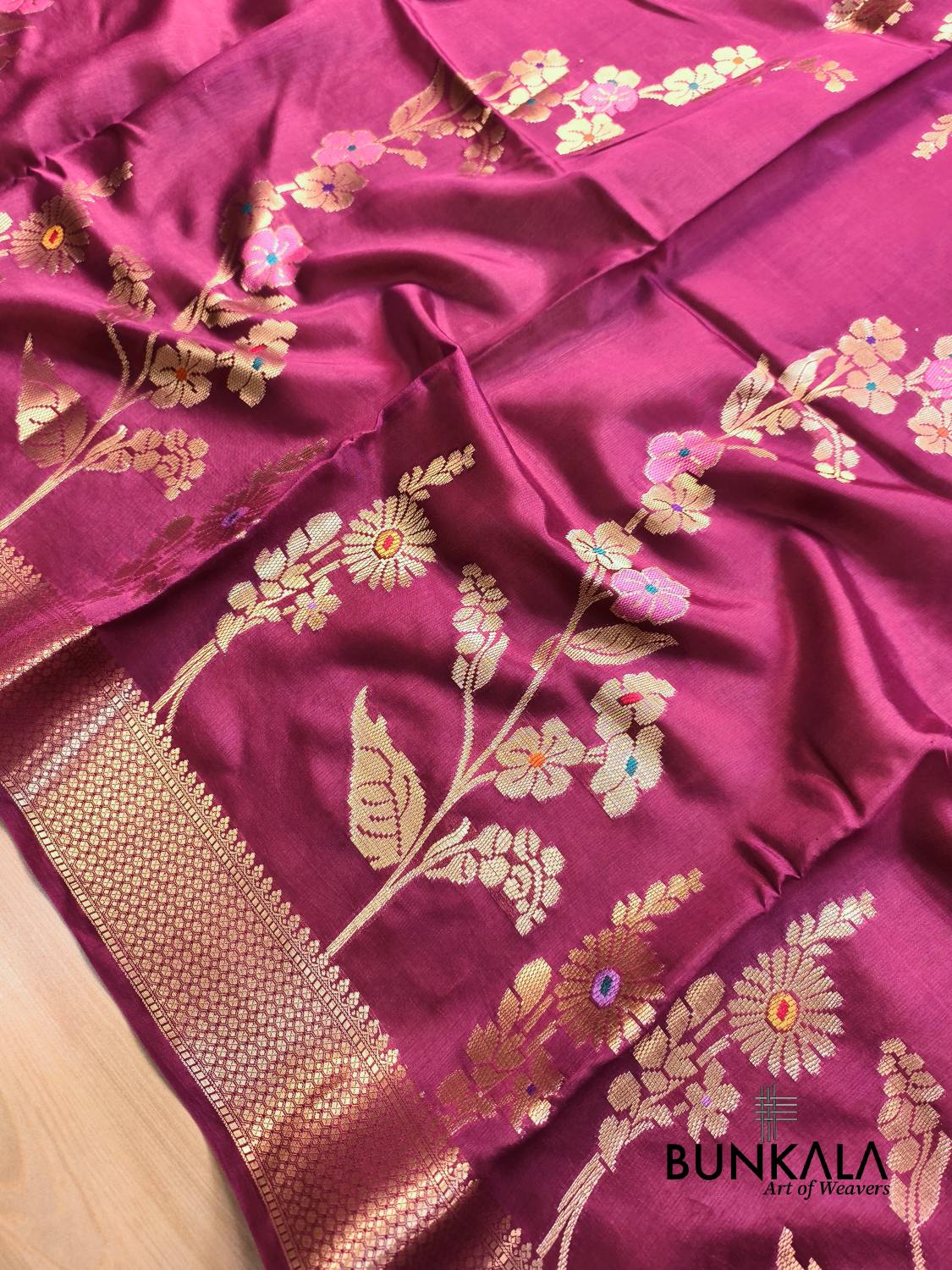 Wine Meena Floral Pure Banarasi Mango Silk Saree 