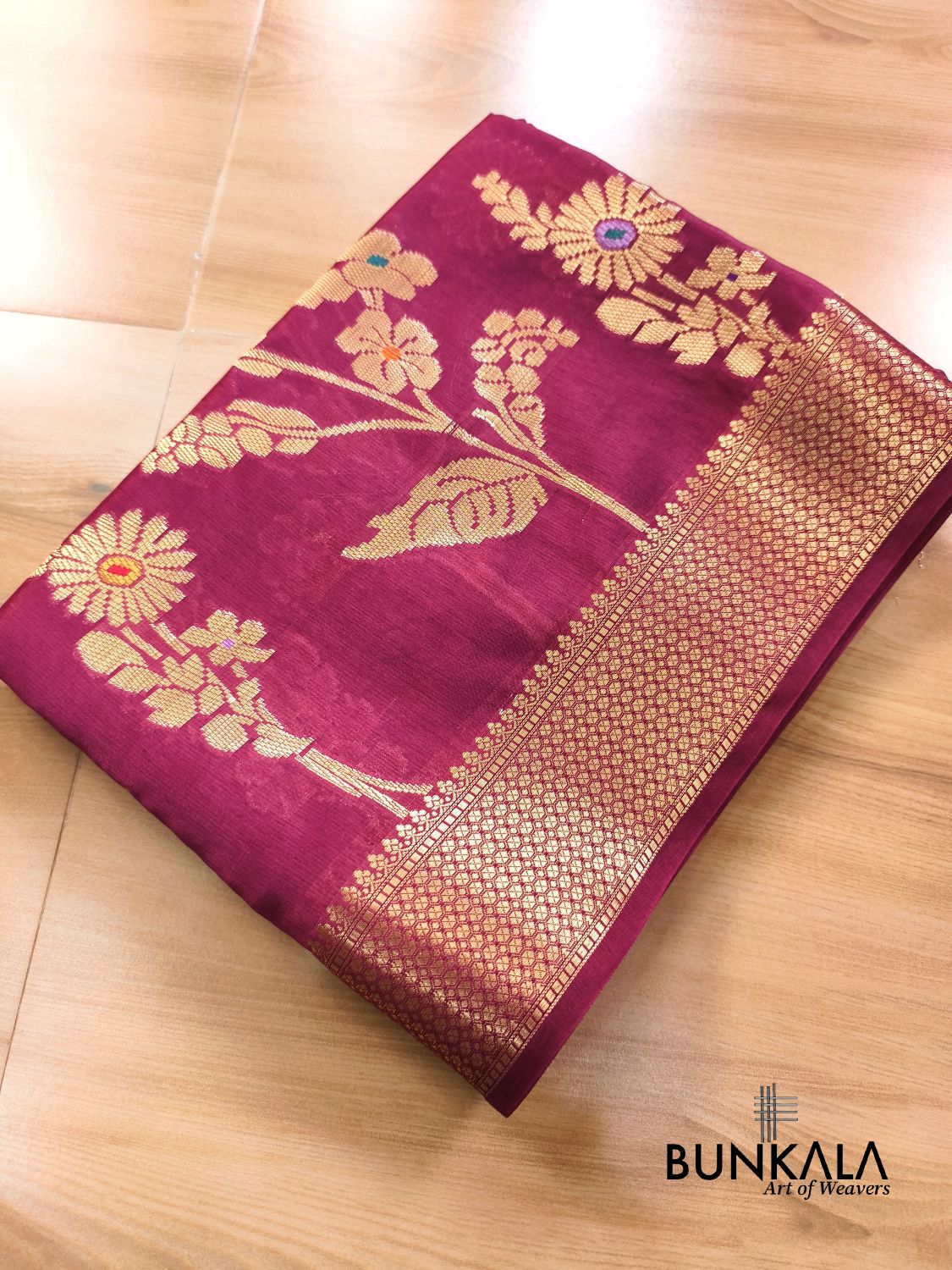 Wine Meena Floral Pure Banarasi Mango Silk Saree 