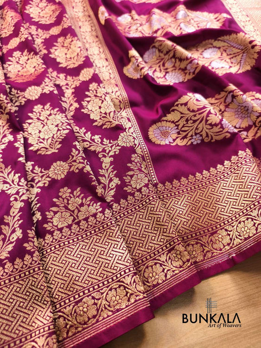 Wine Purple Sona Rupa Floral Jaal Banarasi Silk Saree 