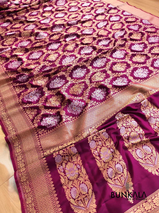 Wine Purple Sona Rupa Floral Jaal Banarasi Silk Saree 
