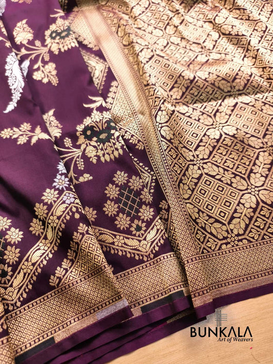 Wine Sona Rupa Meena Temple Border Banarasi Silk Saree 