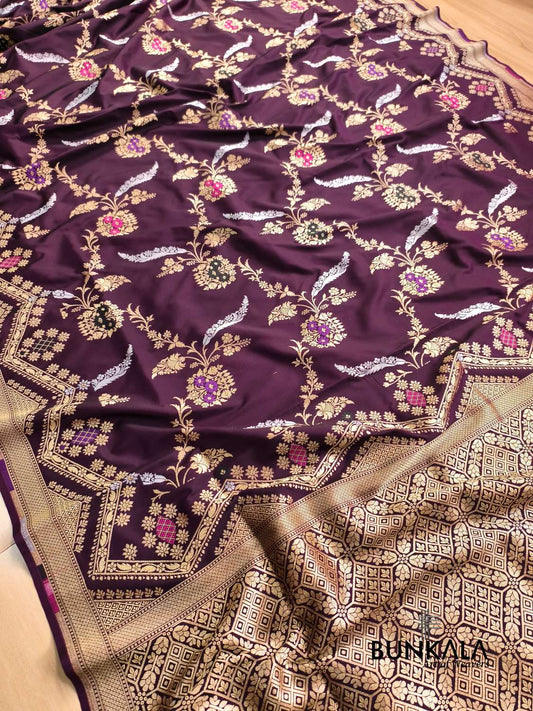 Wine Sona Rupa Meena Temple Border Banarasi Silk Saree 