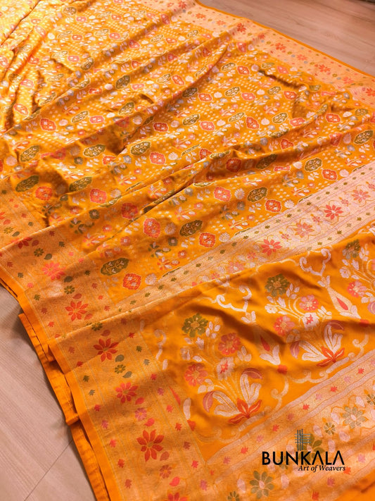 Yellow Ektara Banarasi Jamdani Meenakari Weaved Silk Saree 