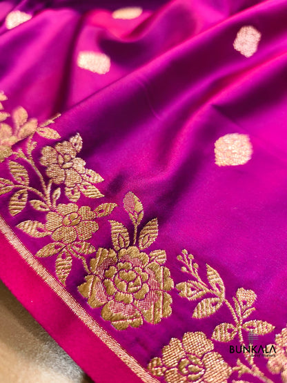 Magenta Pink Buti Weaved Banarasi Mashru Silk Floral Border Saree