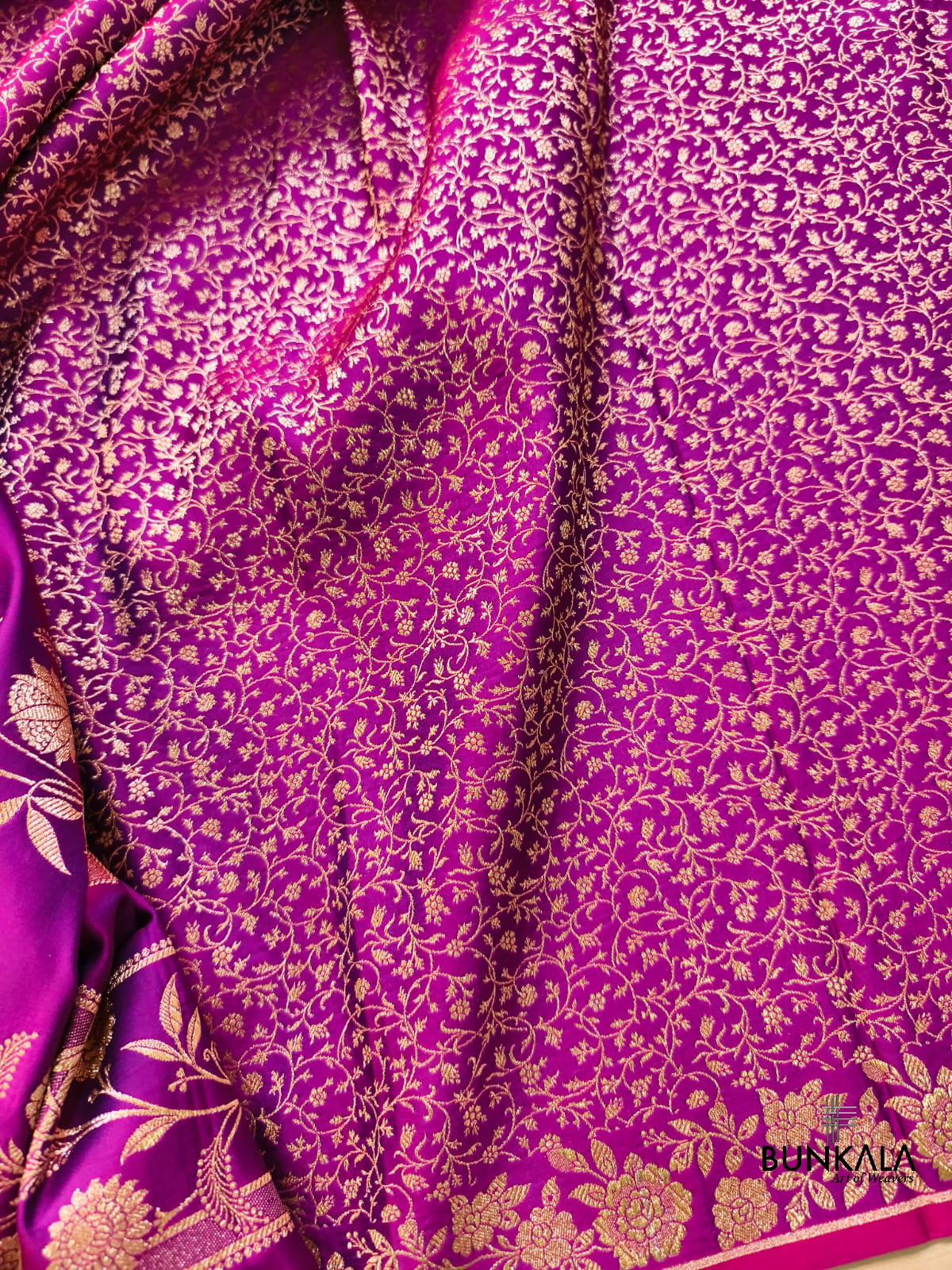 Magenta Pink Buti Weaved Banarasi Mashru Silk Floral Border Saree