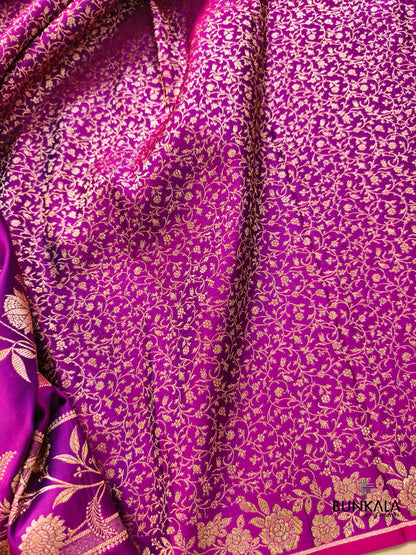 Magenta Pink Buti Weaved Banarasi Mashru Silk Floral Border Saree