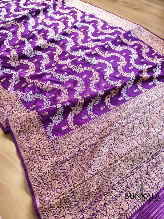 Purple Laheriya Sona Rupa zari Kadwa Pure katan Silk Banarasi Saree