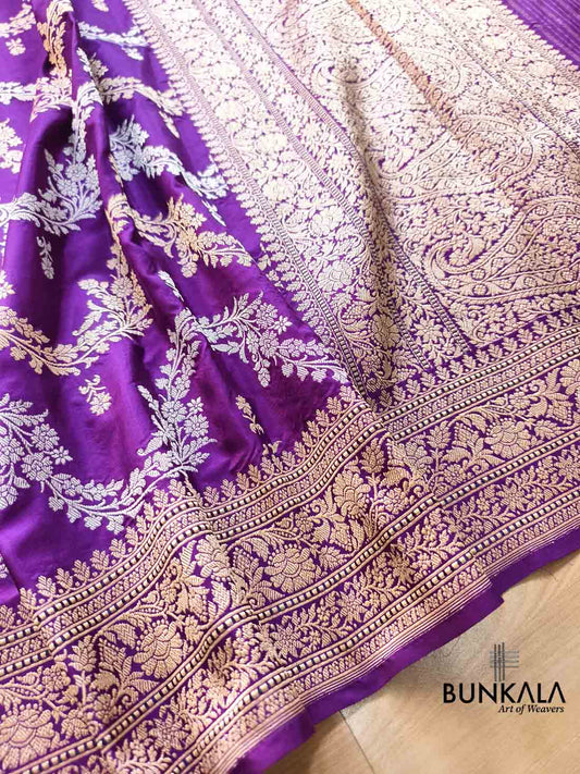 Purple Laheriya Sona Rupa zari Kadwa Pure katan Silk Banarasi Saree