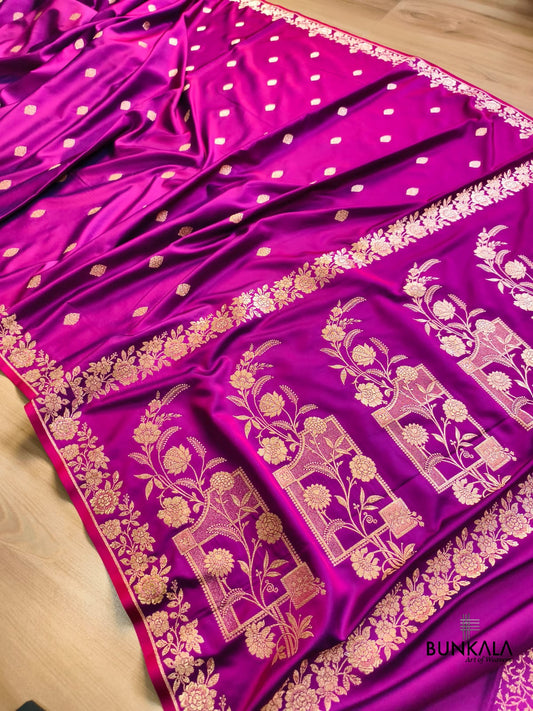 Magenta Pink Buti Weaved Banarasi Mashru Silk Floral Border Saree